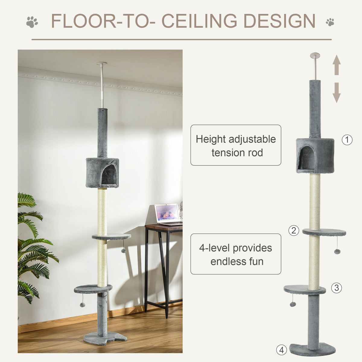 100" Cat Tree Floor-to-Ceiling 4-Tier Climbing Center – view 8
