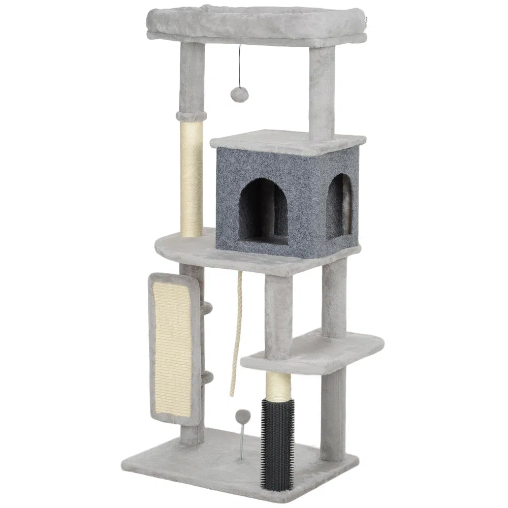 52 Inch Cat Tree with Scratching Posts and Cozy Bed – Light Grey