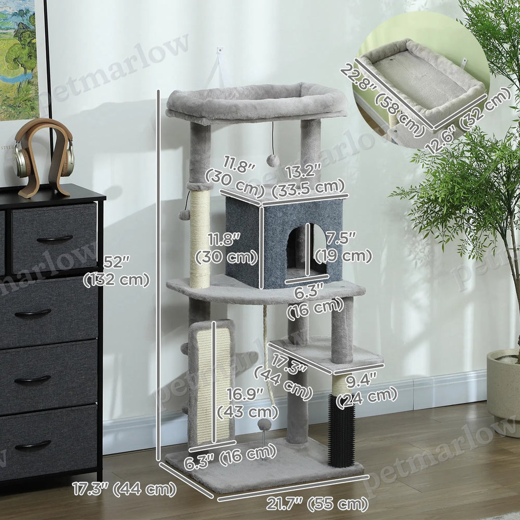 52 Inch Cat Tree with Scratching Posts and Cozy Bed – view 4