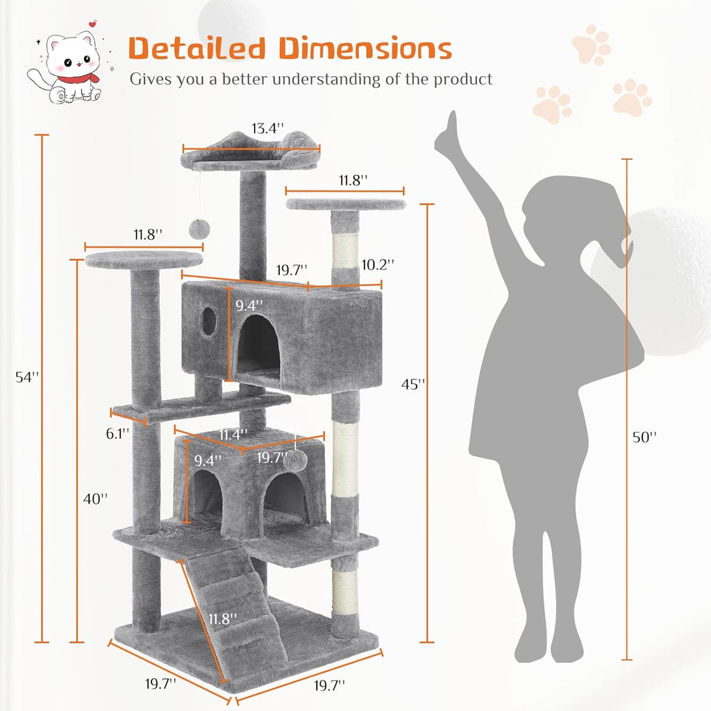 54" Cat Tree Tower with Sisal Grab Post and Toys – Light grey