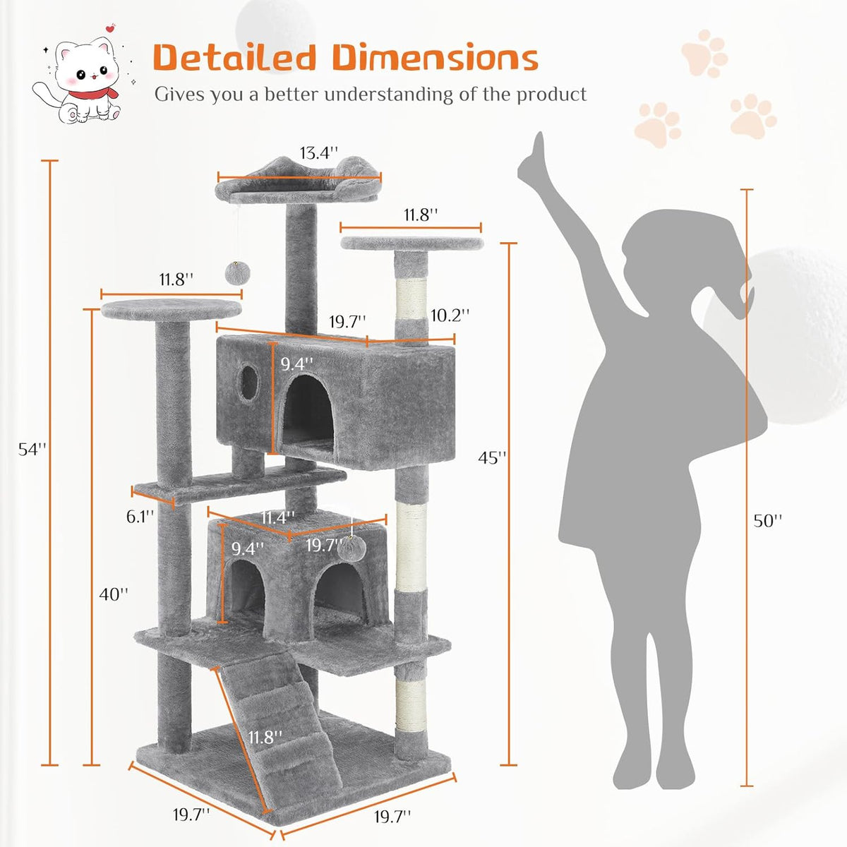 54" Cat Tree Tower with Sisal Grab Post and Toys – Light grey