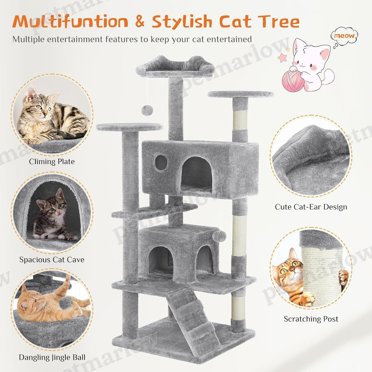 54" Cat Tree Tower with Sisal Grab Post and Toys – view 4