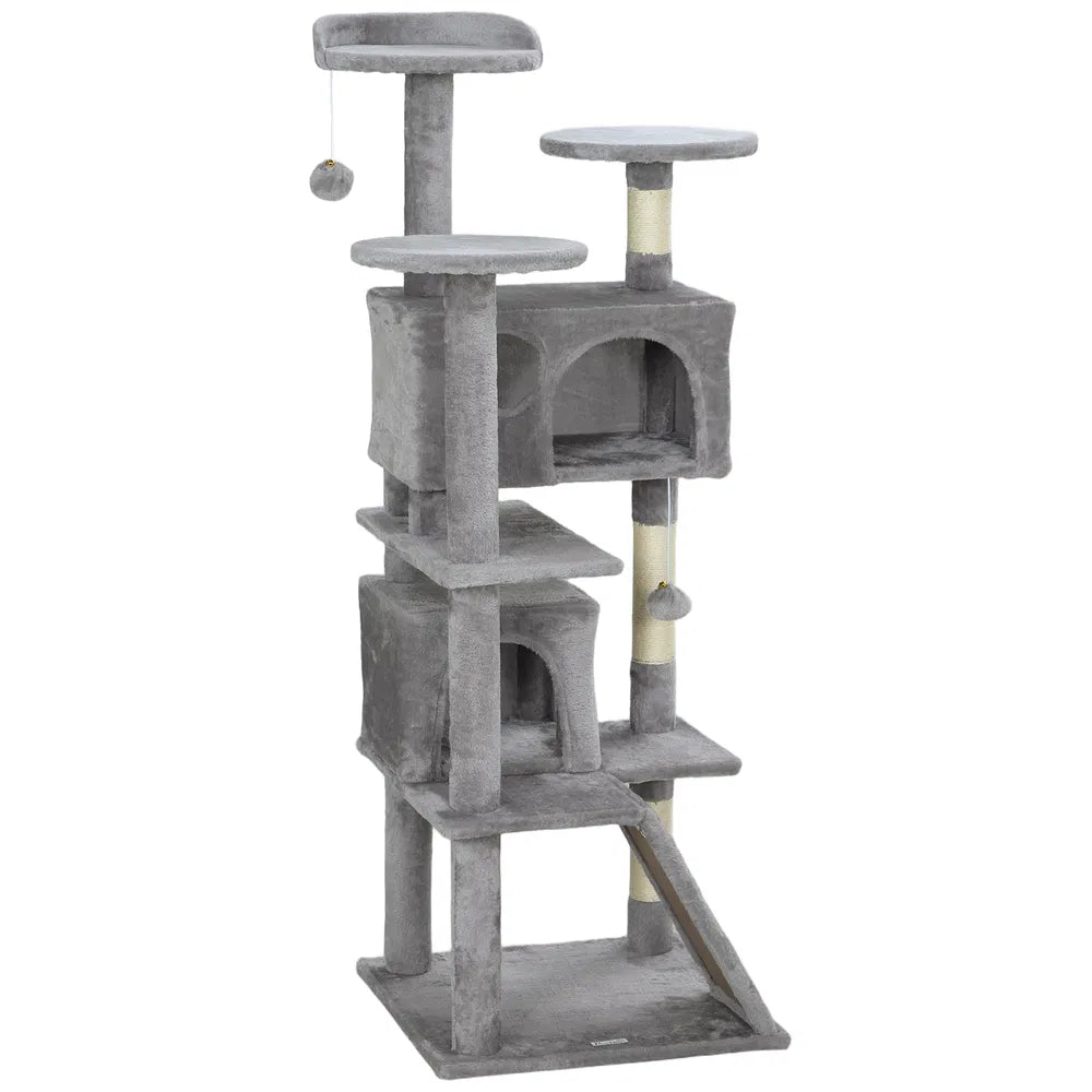 54" Multi-Level Cat Tree with Scratching Posts and Condos – Light Grey