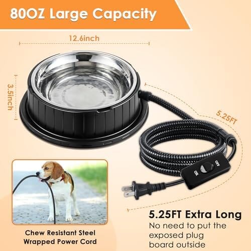 55W 80oz Removable Stainless Steel Heated Dog Pet Bowl with Anti Chew Cord – view 7