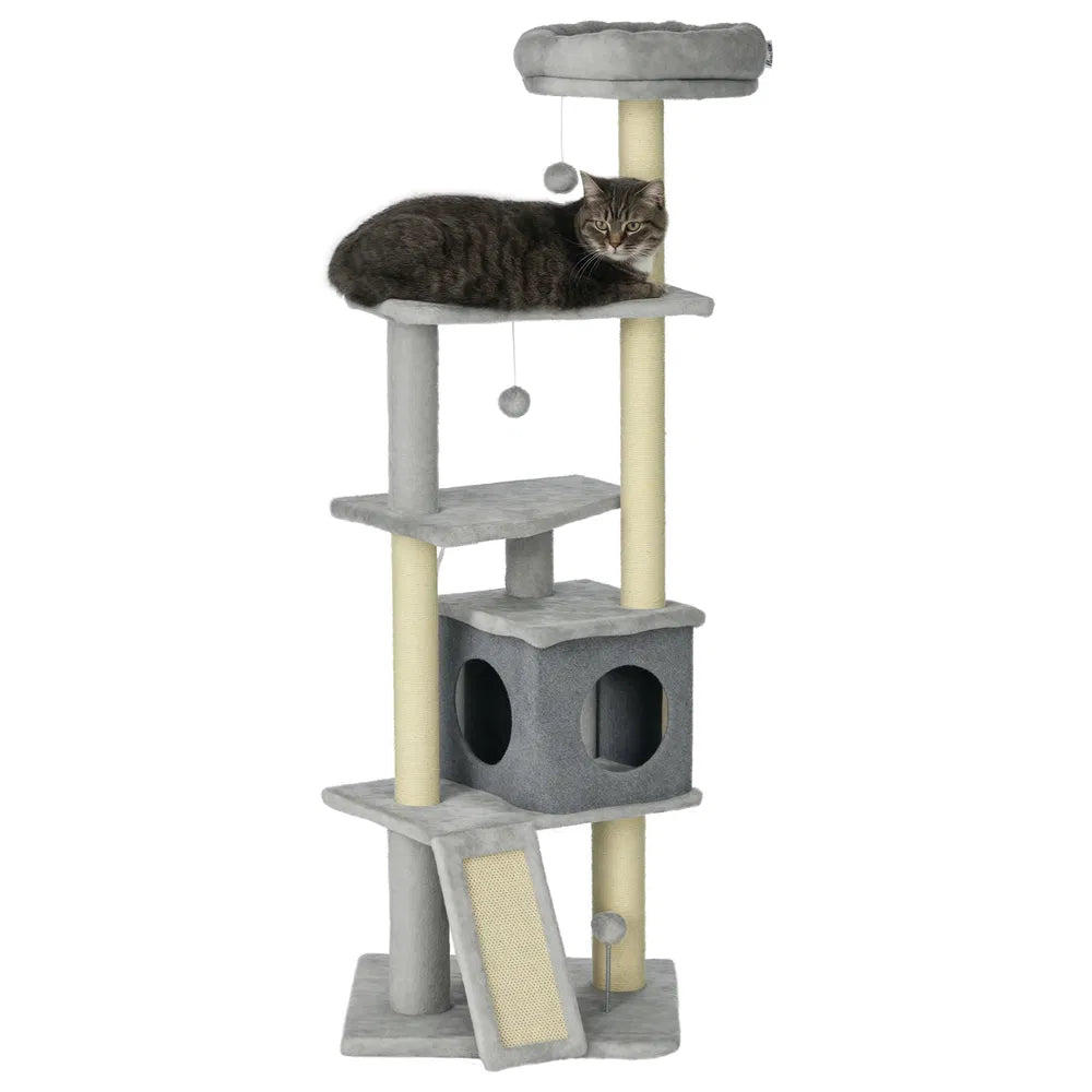 57.5" Cat Tree with Scratching Posts – Light Grey