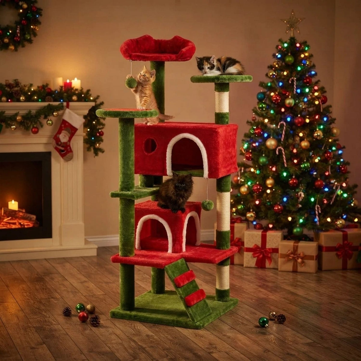 Multi-Level Cat Tower, Cat Tree With Full-Wrapped Sisal Scratching Posts, 2 Condos And Hanging Toy For Multi-Cats And