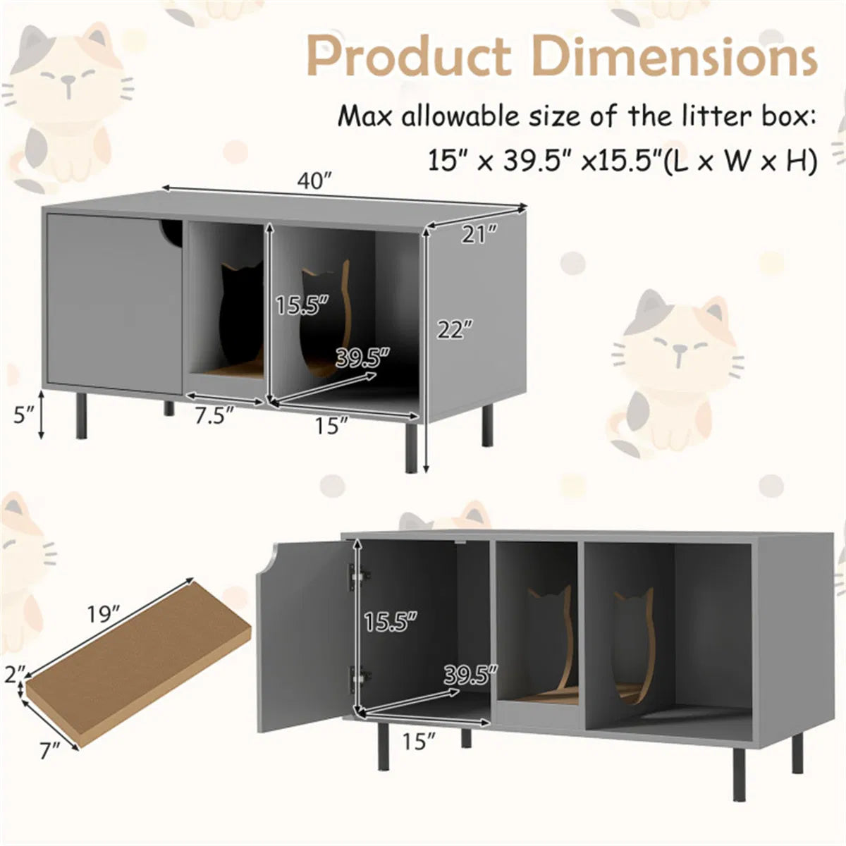 Gray Cat Litter Box Enclosure with Scratching Board – view 7