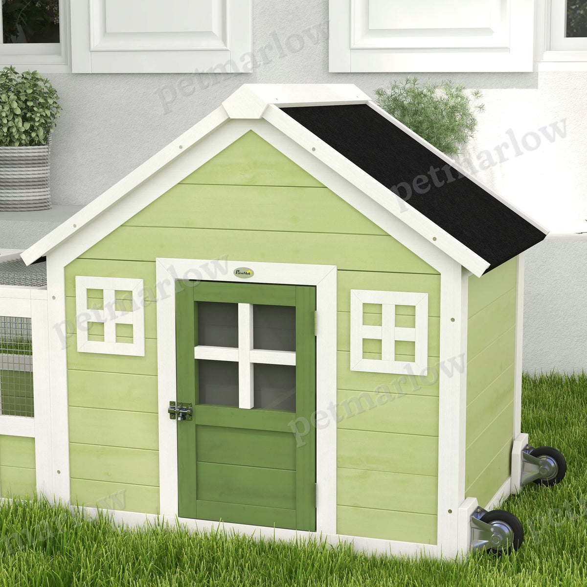 64 Inch Rabbit Hutch with Asphalt Roof and Wheels – view 6