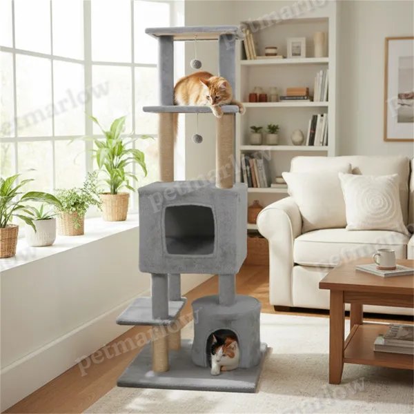 Light Gray Cat Tower with Plush Perches and Balls – view 3