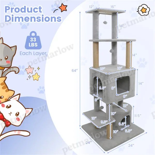 Light Gray Cat Tower with Plush Perches and Balls – view 4
