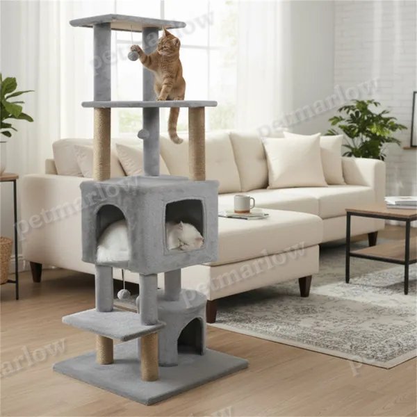 Light Gray Cat Tower with Plush Perches and Balls – view 6