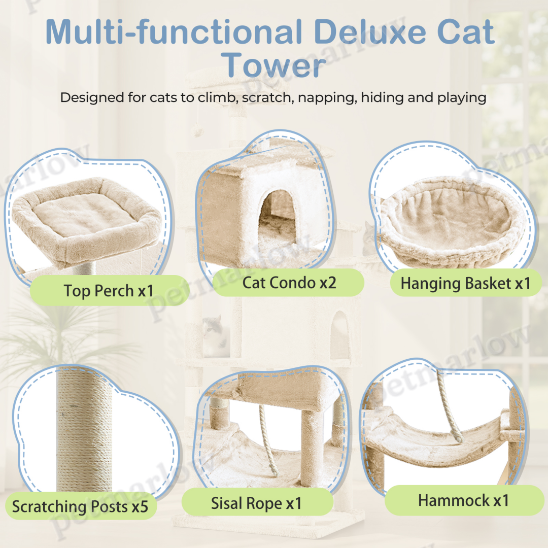 66 Inch Cat Tree Tower with Hammock and Condos – view 4