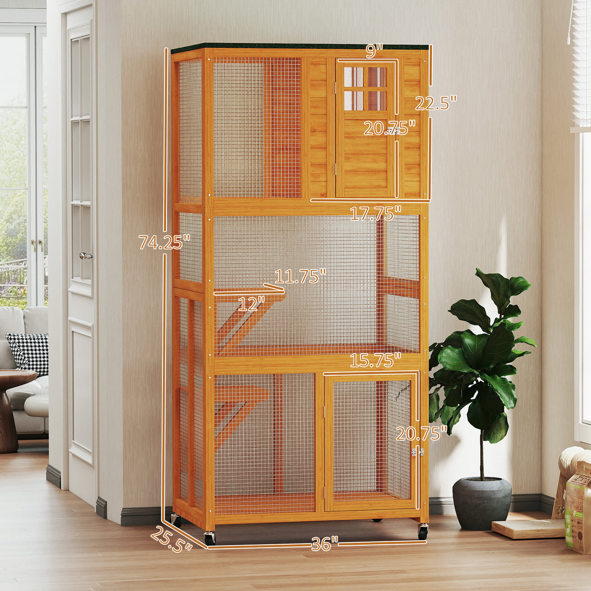 74" Wooden Outdoor Cat House Catio Outdoor Cat Enclosure, Orange – view 7
