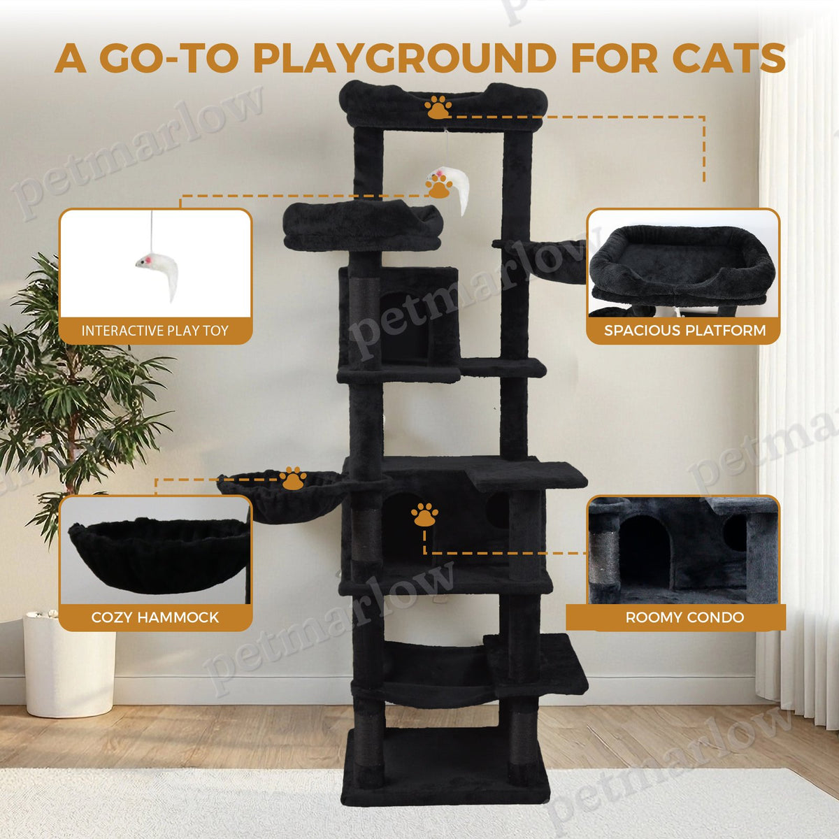 68-Inch Tall Multi-Level Cat Tree with Hammocks – view 3