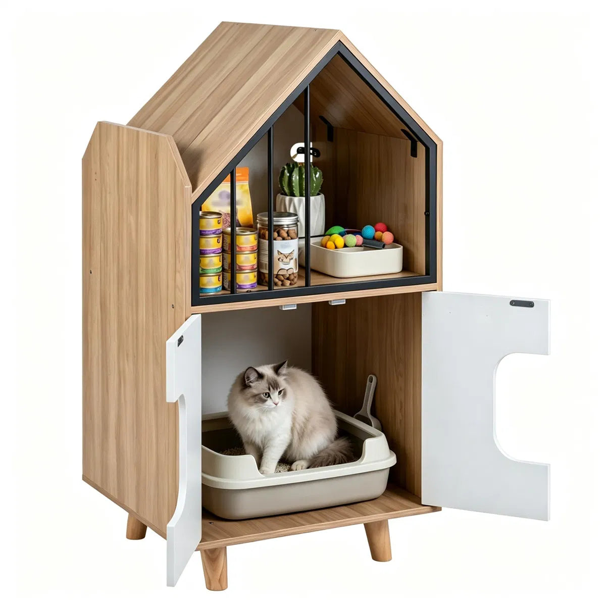 Hidden Cat Litter Box Furniture with Elevated Lounge – view 8