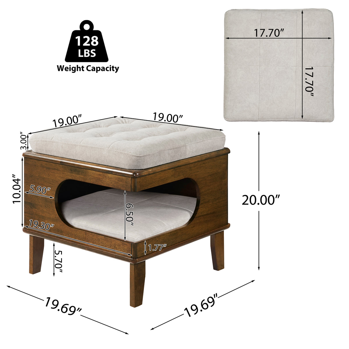 Rubber Wood Cat Bed Ottoman with Cat Cave – view 13