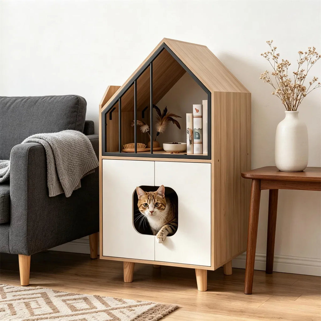 Hidden Cat Litter Box Furniture with Elevated Lounge – view 7