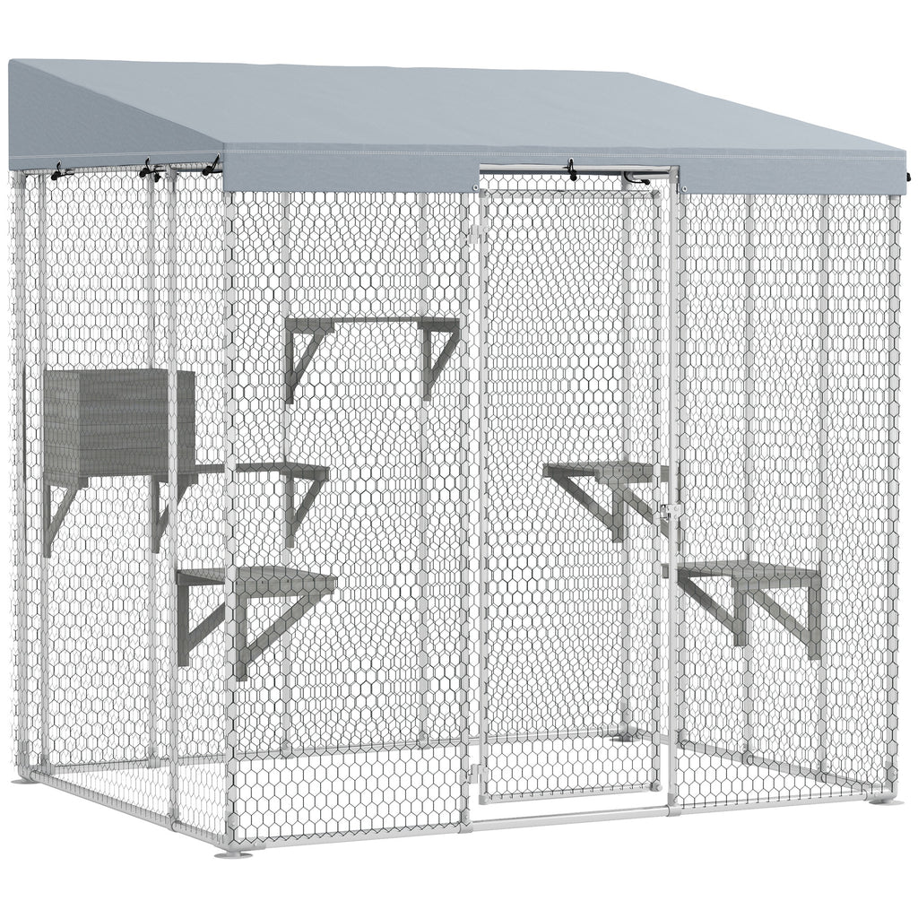 Galvanized Steel Large Catio with Canopy and Platforms – Silver / 2050x255x165 mm