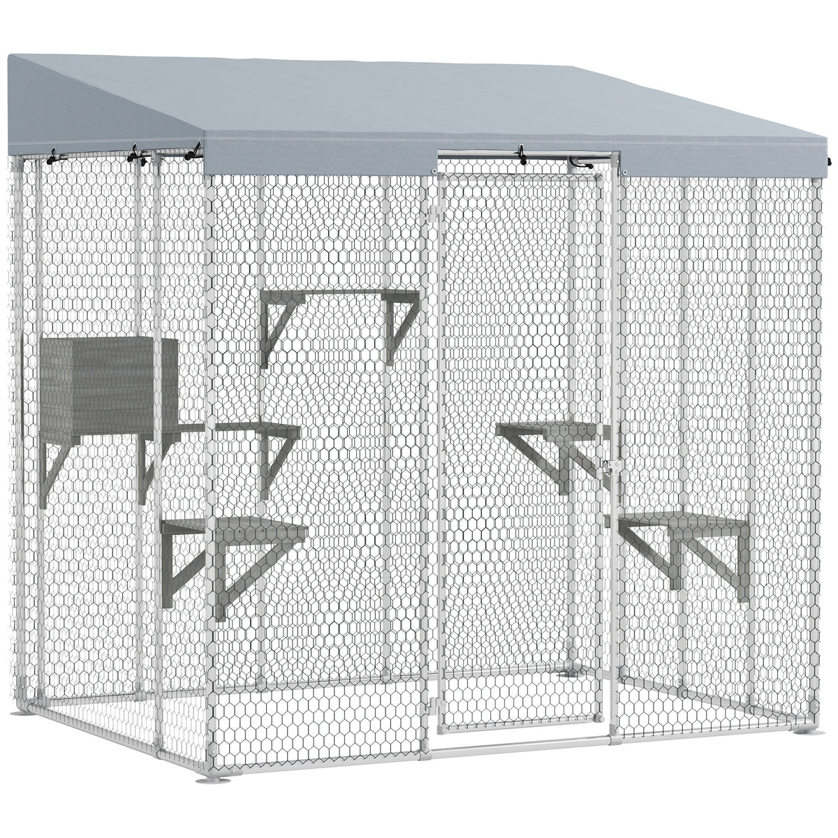 Galvanized Steel Large Catio with Canopy and Platforms – Silver / 2050x255x165 mm