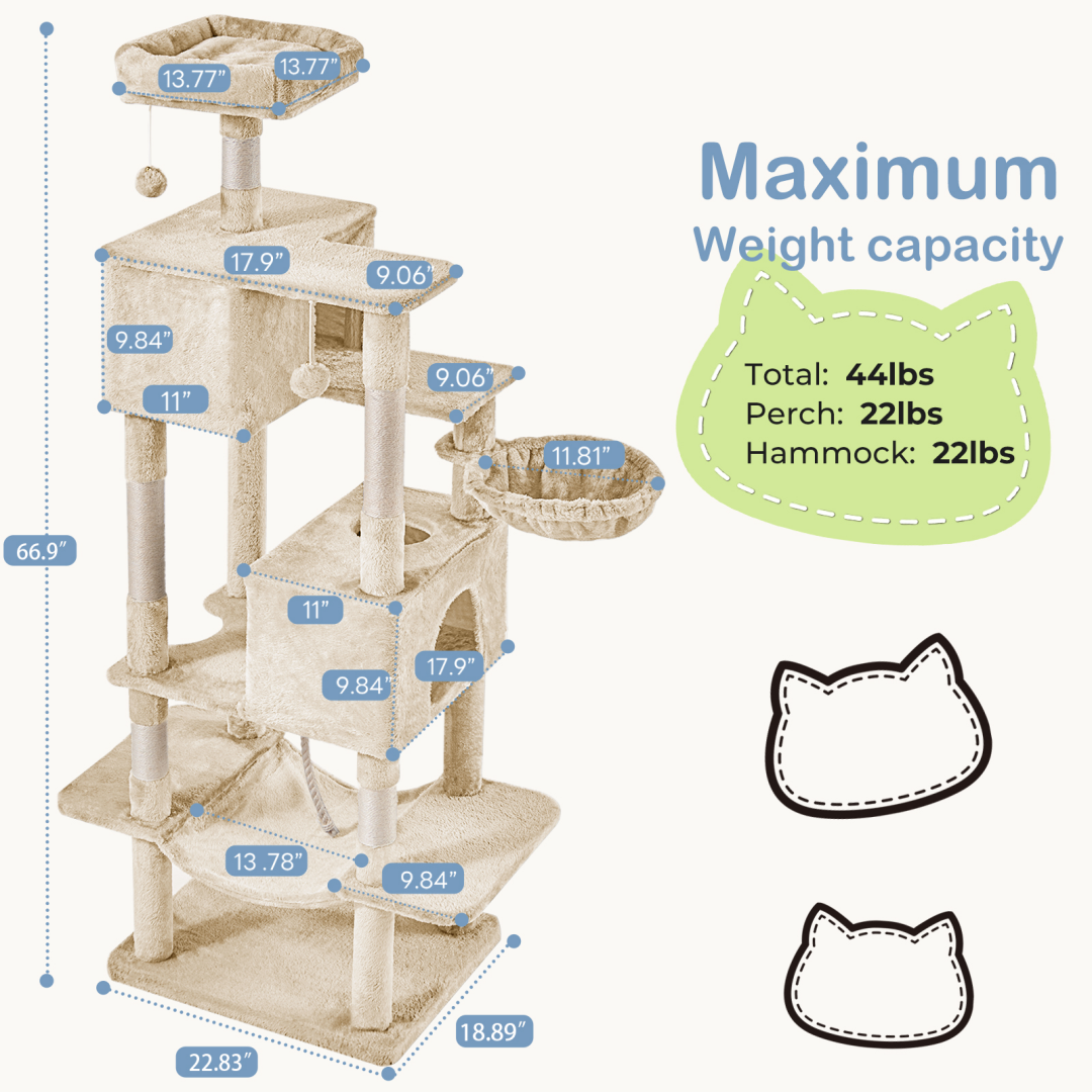 66 Inch Cat Tree Tower with Hammock and Condos – view 13
