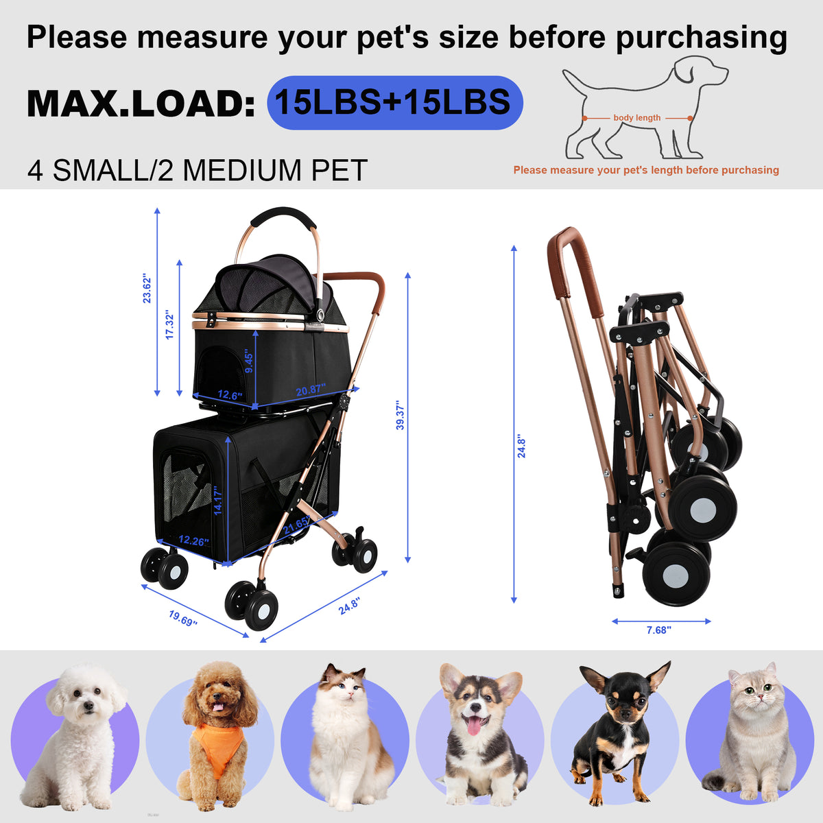 Double Pet Stroller for Dogs and Cats with Convertible Carrier – view 7