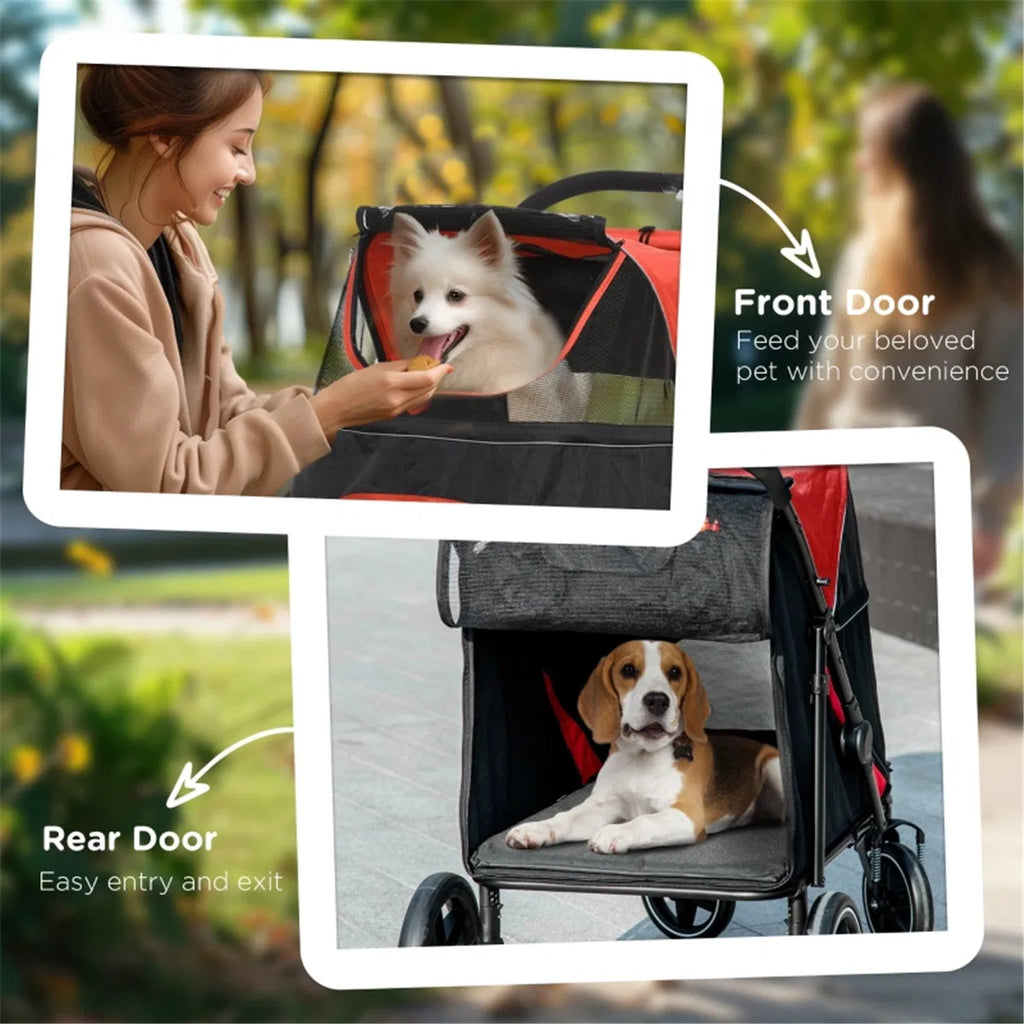 Dog Stroller with Safety Leashes and Storage Pockets