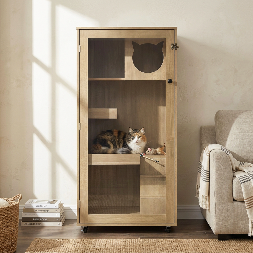 Rubber Wood Cat Cabinet with Wheels for Cats – view 10