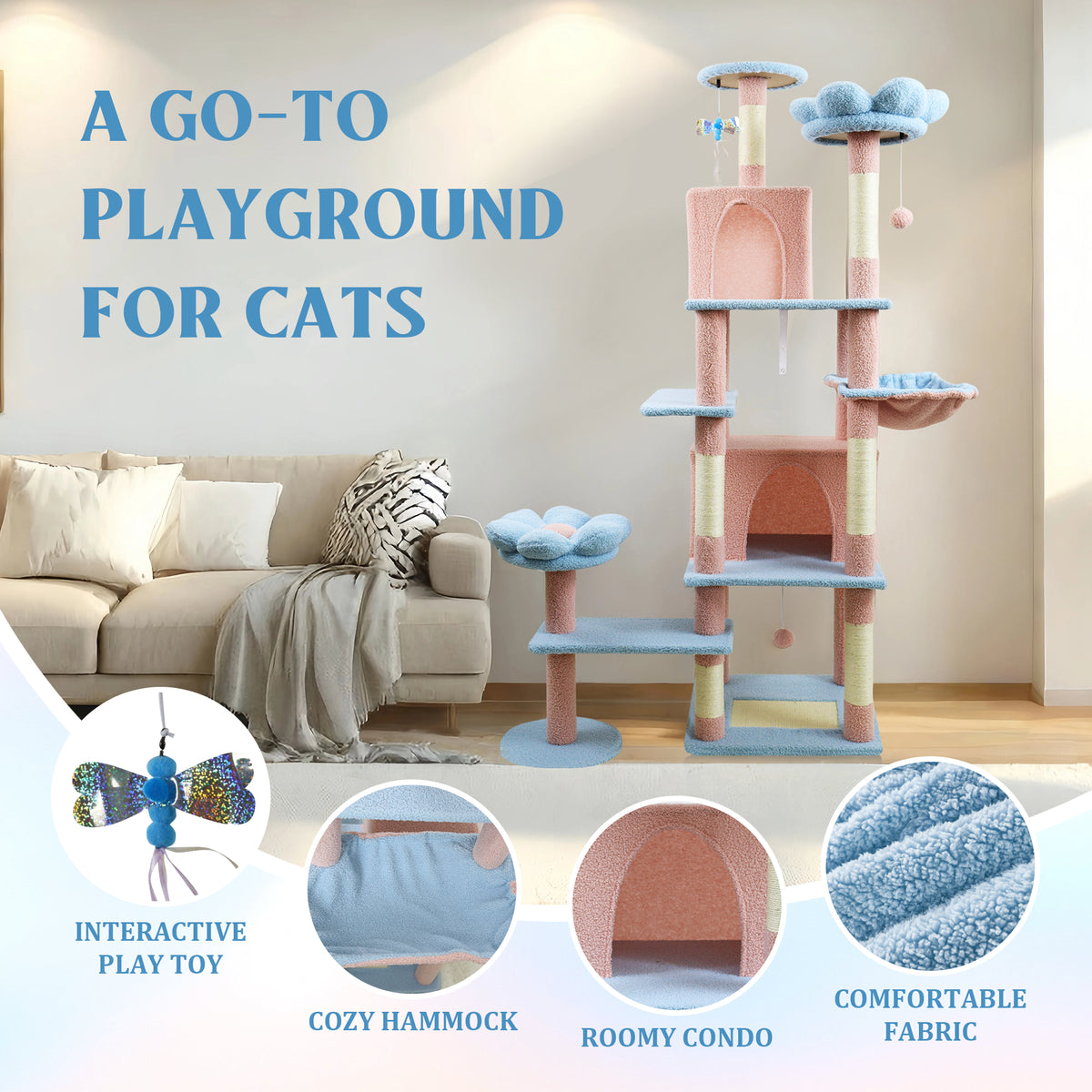 71-Inch Flower Cat Tree with Large Condo and Hammock – view 11