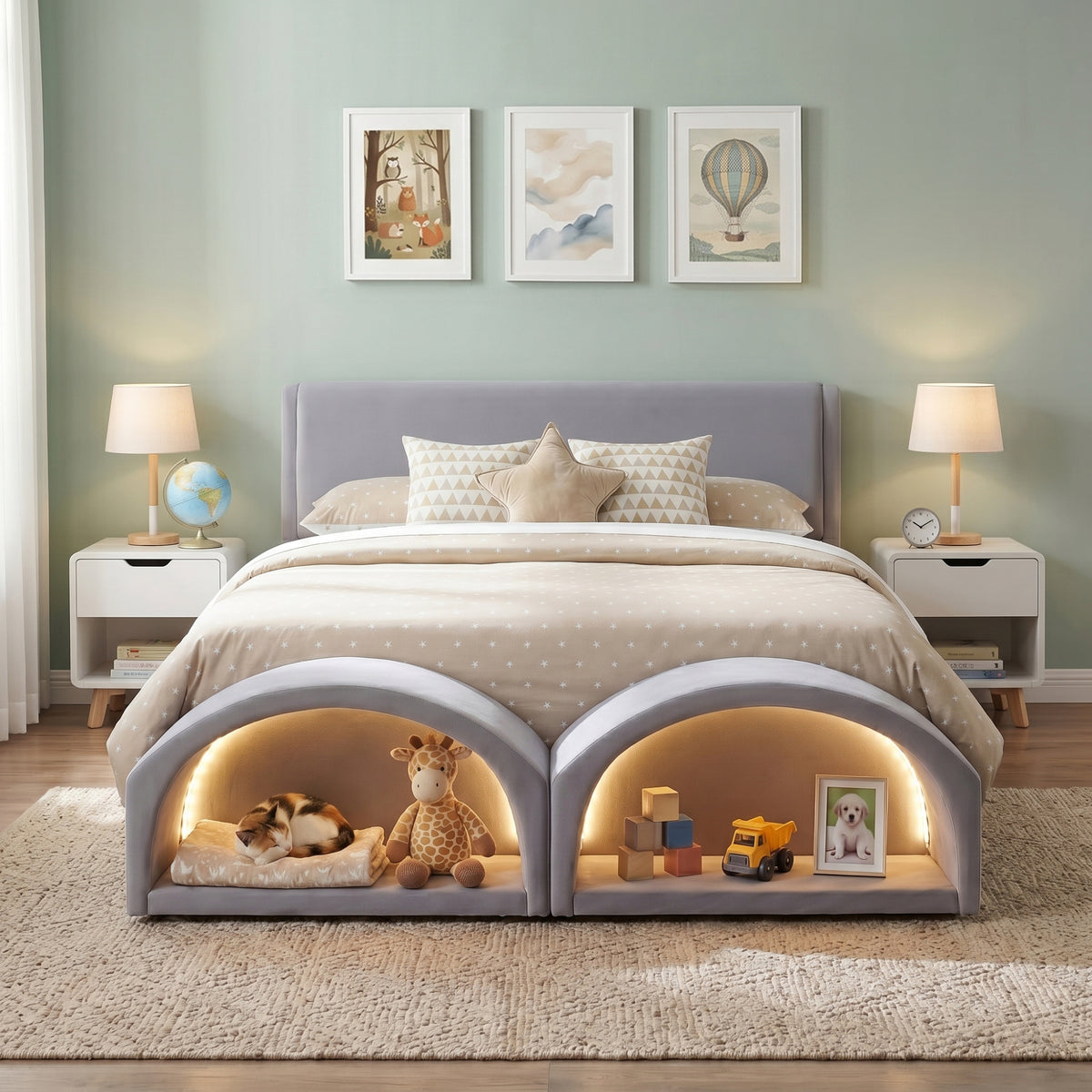 Queen Size Upholstered Platform Bed Frame with Cat Caves – view 12