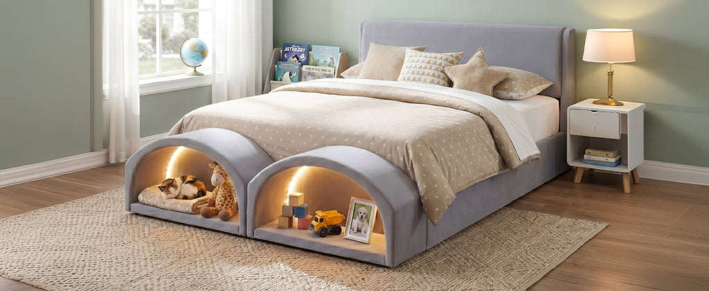 Queen Size Upholstered Platform Bed Frame with Cat Caves – view 9