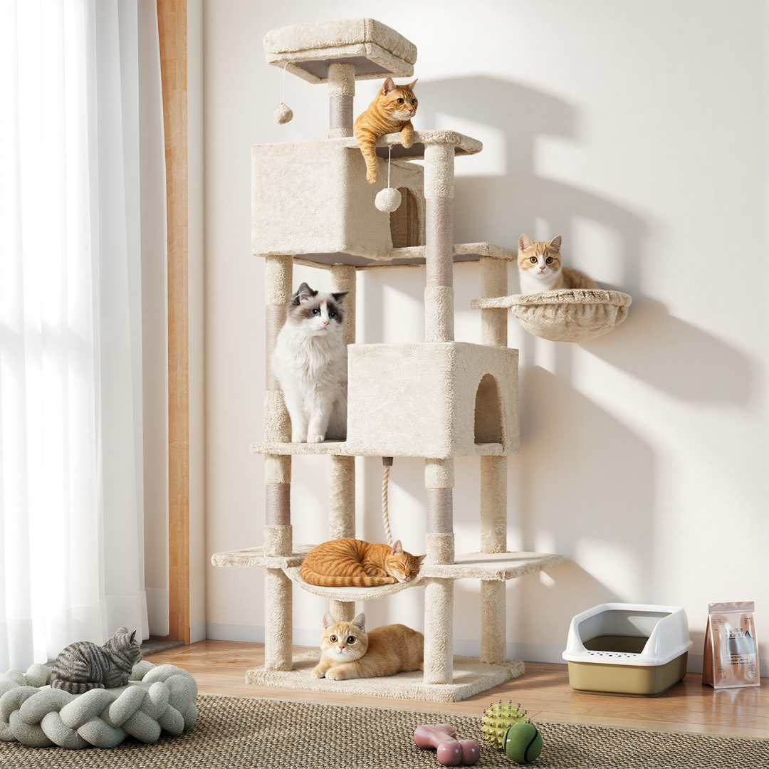 66 Inch Cat Tree Tower with Hammock and Condos – view 9