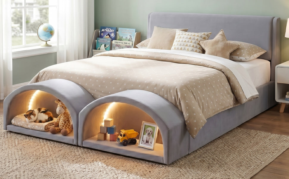 Queen Size Upholstered Platform Bed Frame with Cat Caves – view 8