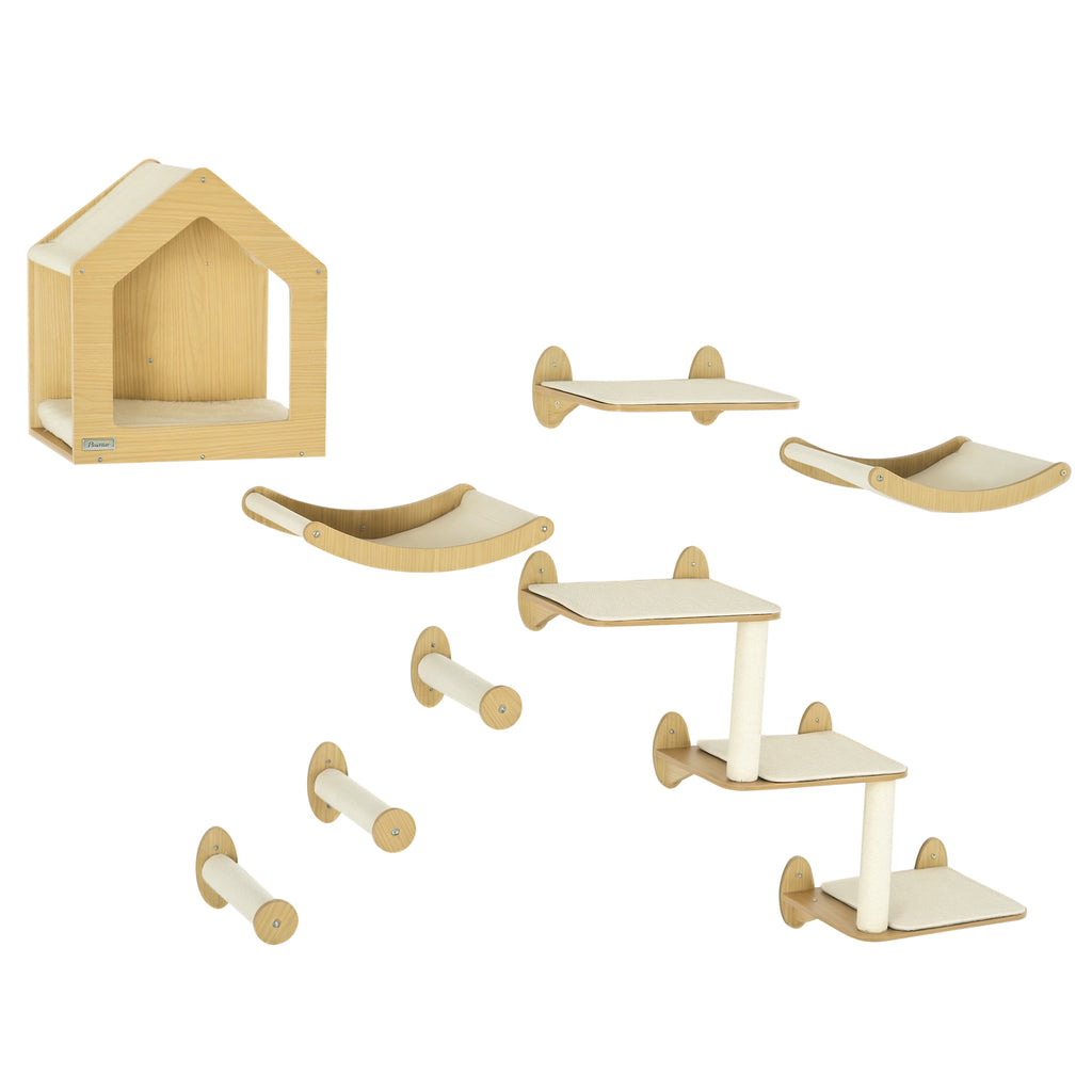 8PCs Cat Wall Shelves Pet Wall-mounted Climbing Shelf Set – Oak / 575x485x225 mm