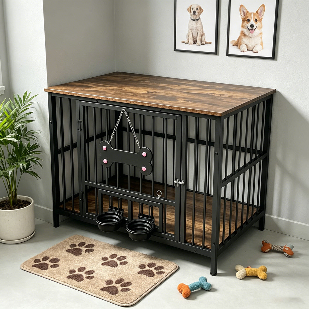 Vintage Wood Grain Dog Cage with Rotating Bowl – view 10