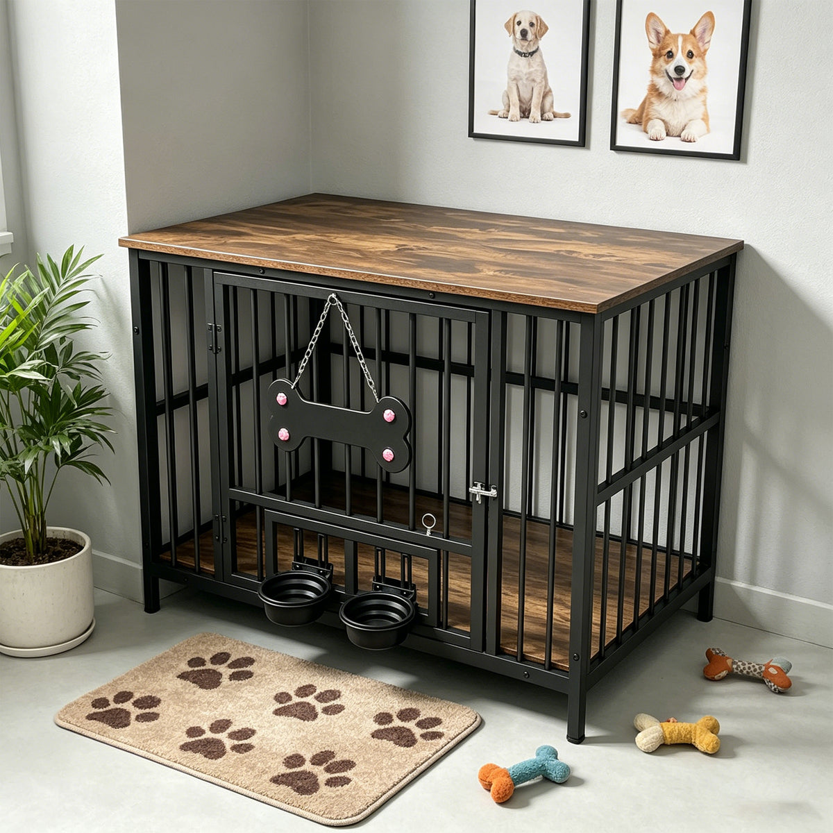 Vintage Wood Grain Dog Cage with Rotating Bowl – view 10