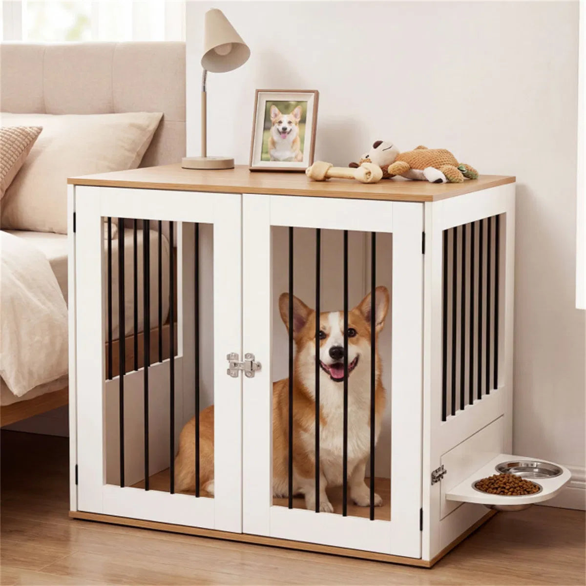 Furniture Style Dog Crate with 360° Rotating Feeder – view 11