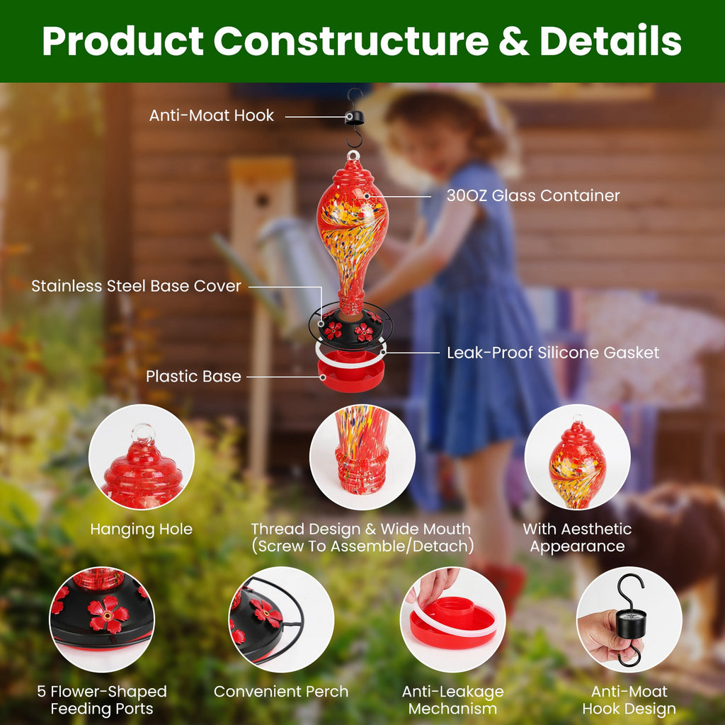 Glass Hummingbird Feeder With 5 Feeding Ports and 33oz Capacity – view 9