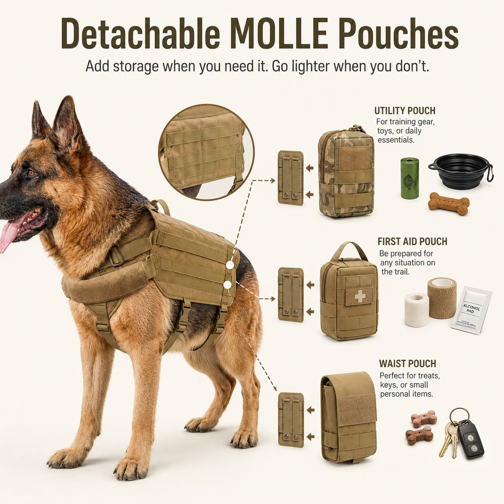 Detachable MOLLE Pouches & Breathable Mesh Dog Backpack Harness – view 11