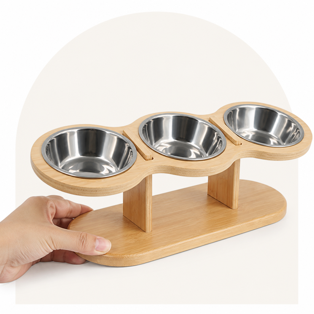 Petmarlow 15° Angled Wood Stand Cat Feeder (3 Stainless Steel Bowls) – view 7