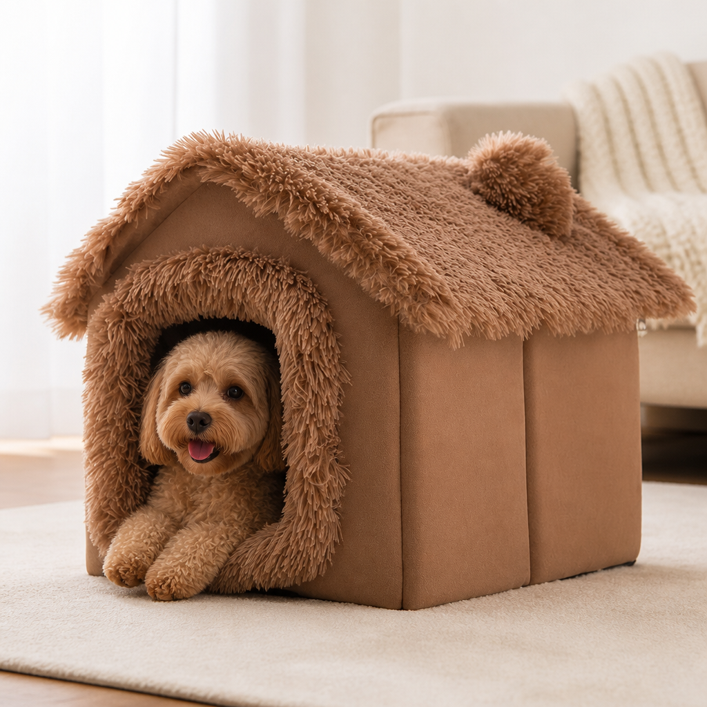 Petmarlow Coral Velvet & PP Cotton Cave Dog Bed (Removable Cushion) – 1 / S - 15.4 × 12.6 × 13.4 in