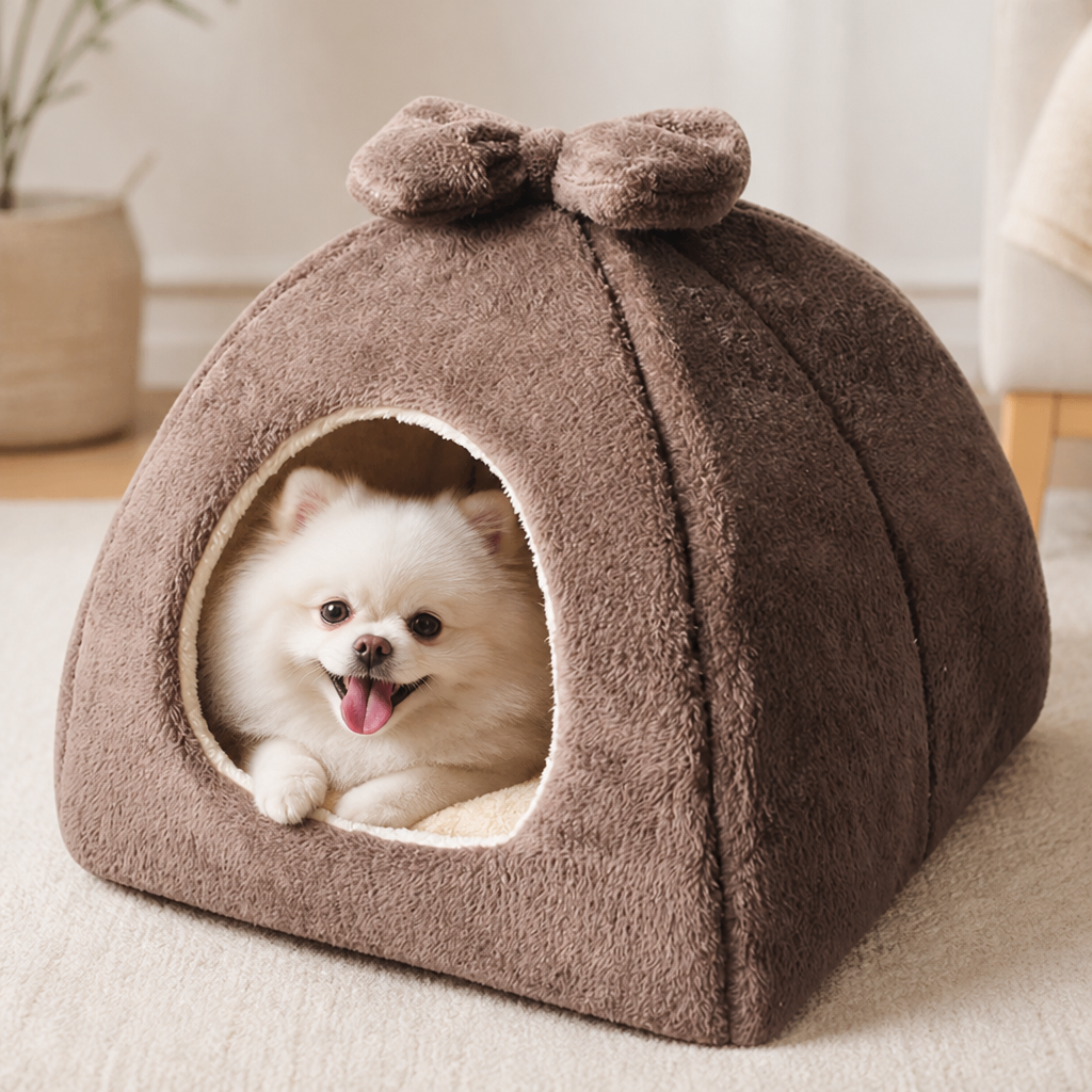 DogBedHouse Coral Velvet & PP Cotton Enclosed Pet Bed (Removable & Washable Cover) – 1 / S - 13.8 × 13.8 × 11.8 in