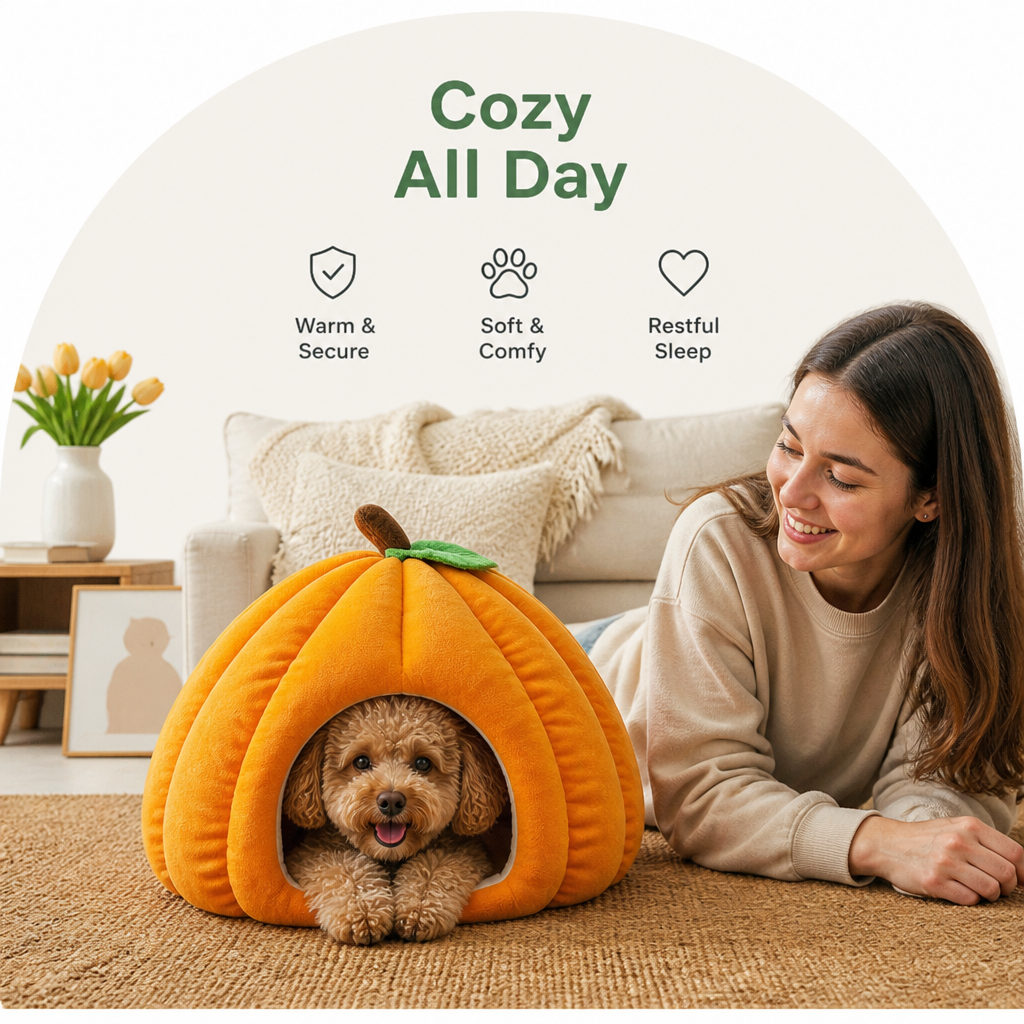 Petmarlow Pumpkin-Shaped Plush PP Cotton & Non-Slip Pet House (Removable Cushion) – view 8