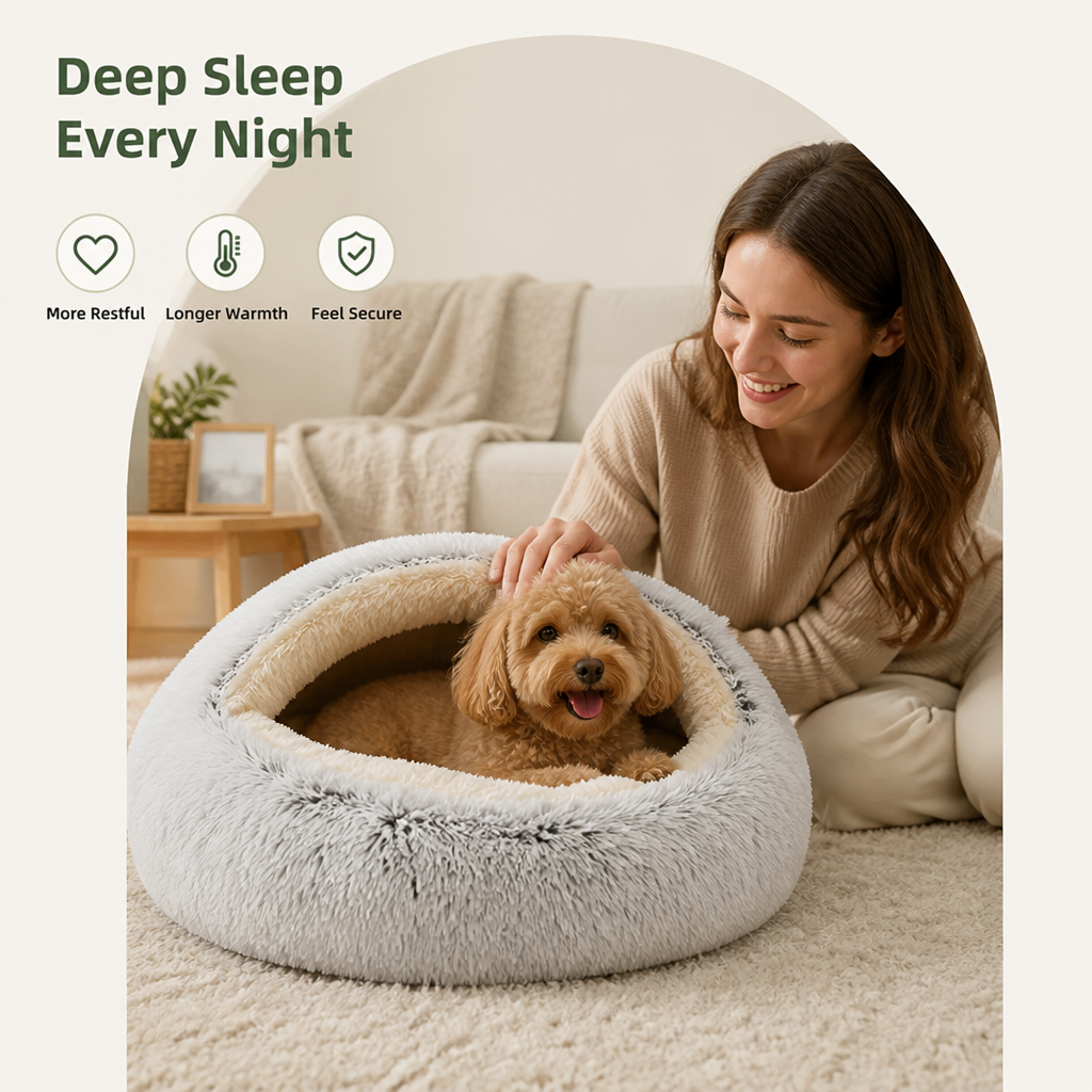 Petmarlow Self-Heating Plush Semi-Enclosed Round Pet Bed (2-in-1 For Cats & Puppies) – view 13