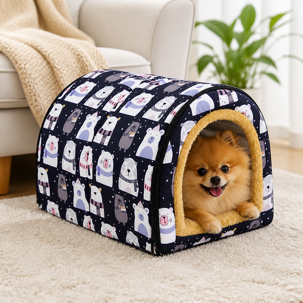 DogBedHouse Warm & Washable Plush Cave Dog Bed – 1 / S - 13.8 × 10.6 × 9.8 in