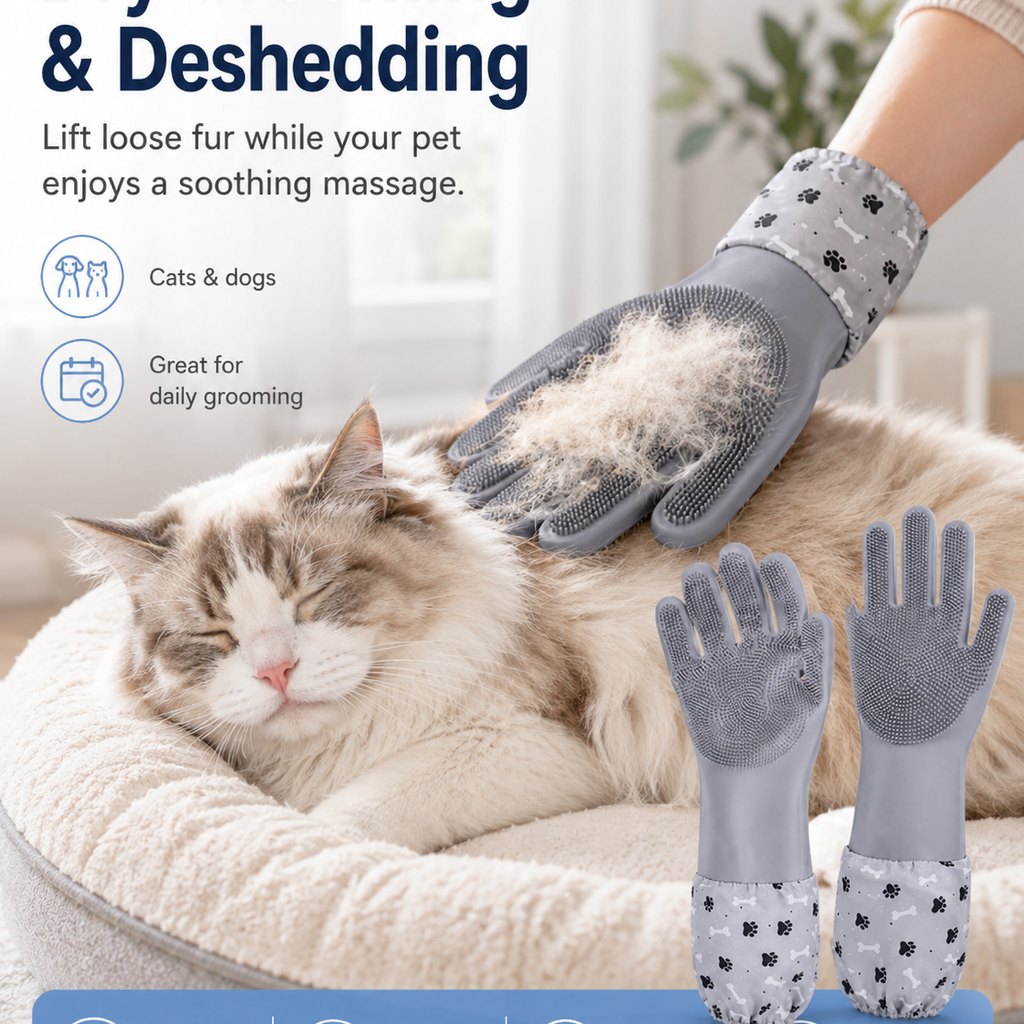 Soft Silicone Deshedding Pet Grooming Gloves (Long Sleeve) – view 7