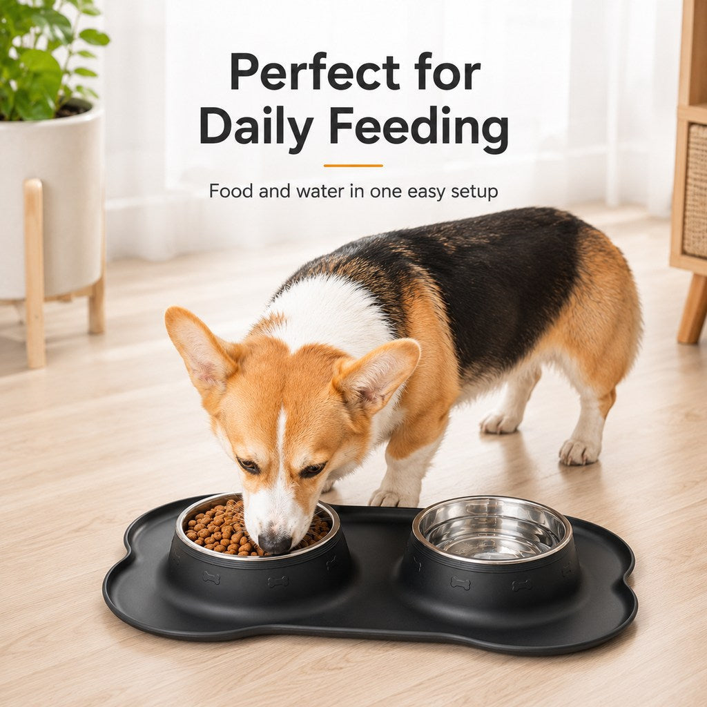 Spill-Proof Non-Slip Silicone Dual Pet Bowl (Removable Stainless Steel Bowls) – view 7