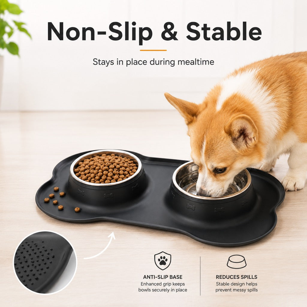Spill-Proof Non-Slip Silicone Dual Pet Bowl (Removable Stainless Steel Bowls) – view 9