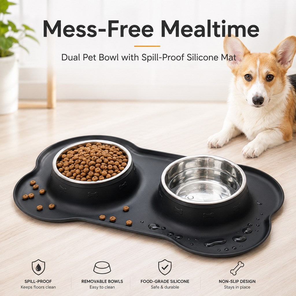 Spill-Proof Non-Slip Silicone Dual Pet Bowl (Removable Stainless Steel Bowls) – view 11