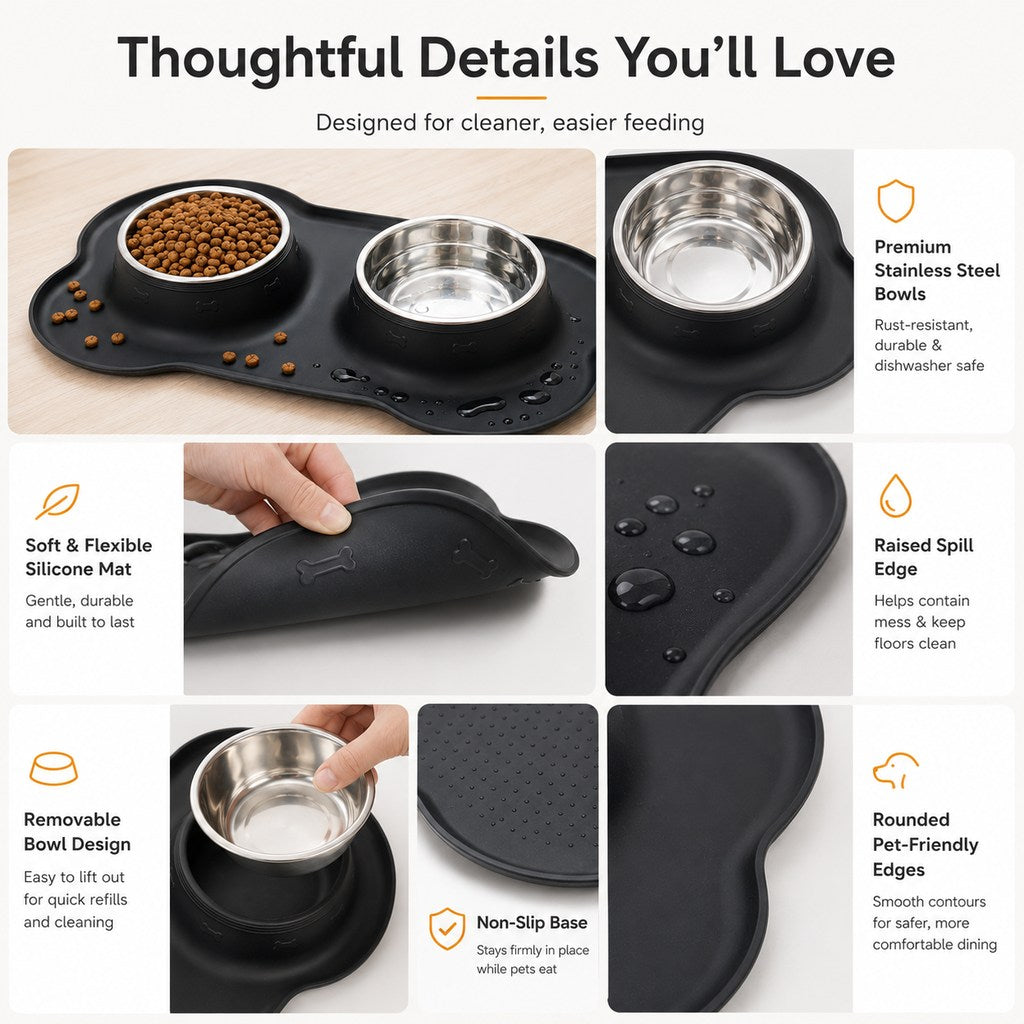 Spill-Proof Non-Slip Silicone Dual Pet Bowl (Removable Stainless Steel Bowls) – view 13