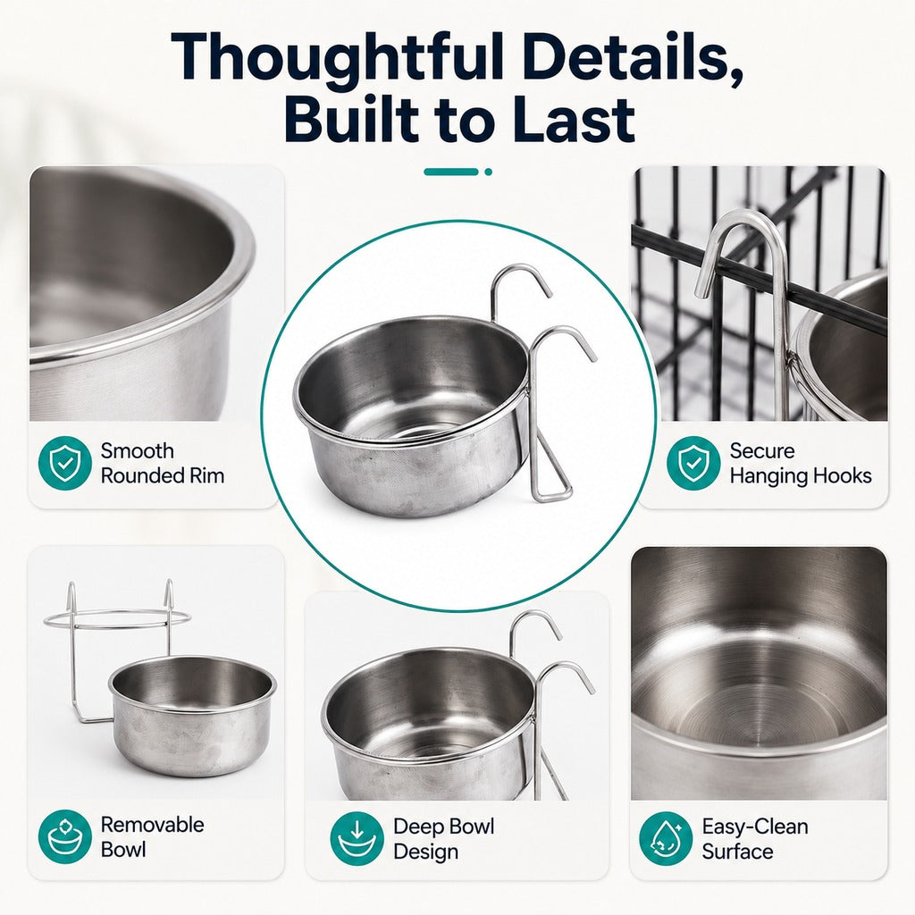 Stainless Steel No-Tip Hanging Pet Bowl (For Wire Crates) – view 7